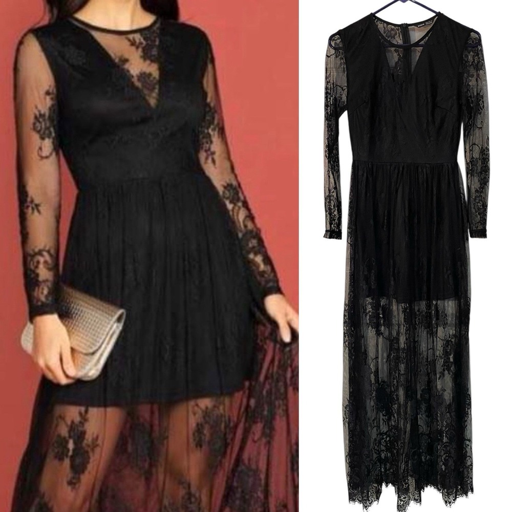 Black Lace Sheer Longsleeve Maxi Dress Whimsigoth Fairy Grunge Vamp Ethereal XS